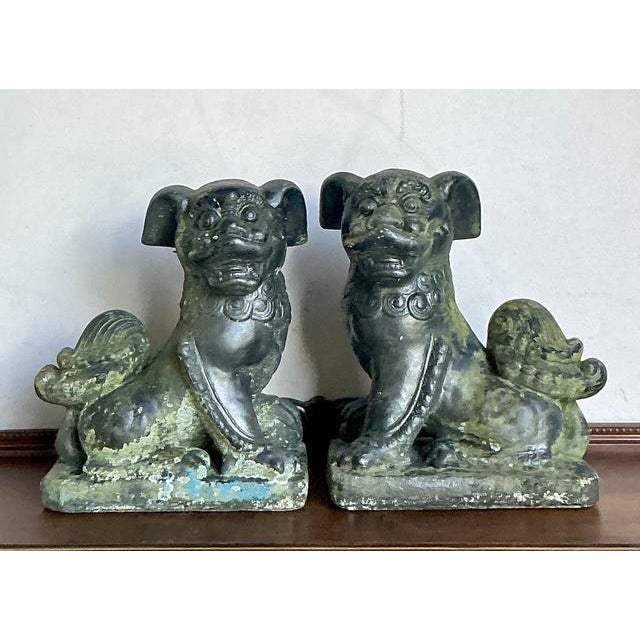 Vintage Albino Patinated Cast Cement Foo Dogs - Detail view