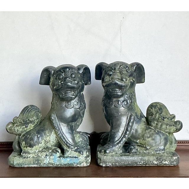 Vintage Albino Patinated Cast Cement Foo Dogs - Top view
