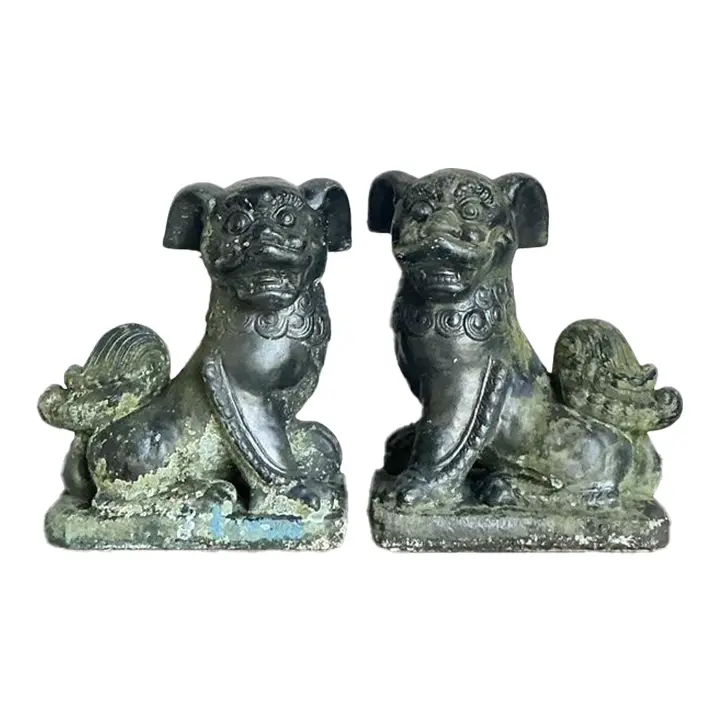 Vintage Albino Patinated Cast Cement Foo Dogs