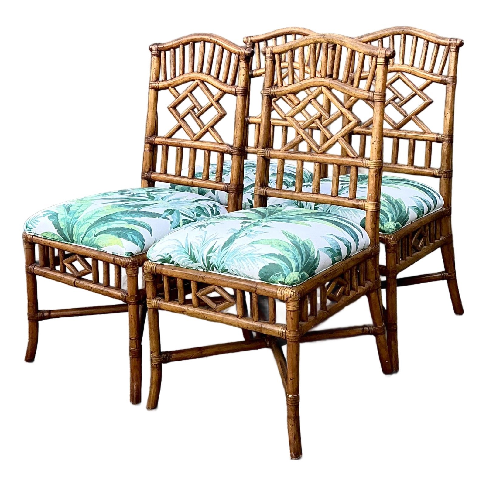 Vintage Arched Back Rattan Dining Chairs in Manuel Canovas - Set of 4
