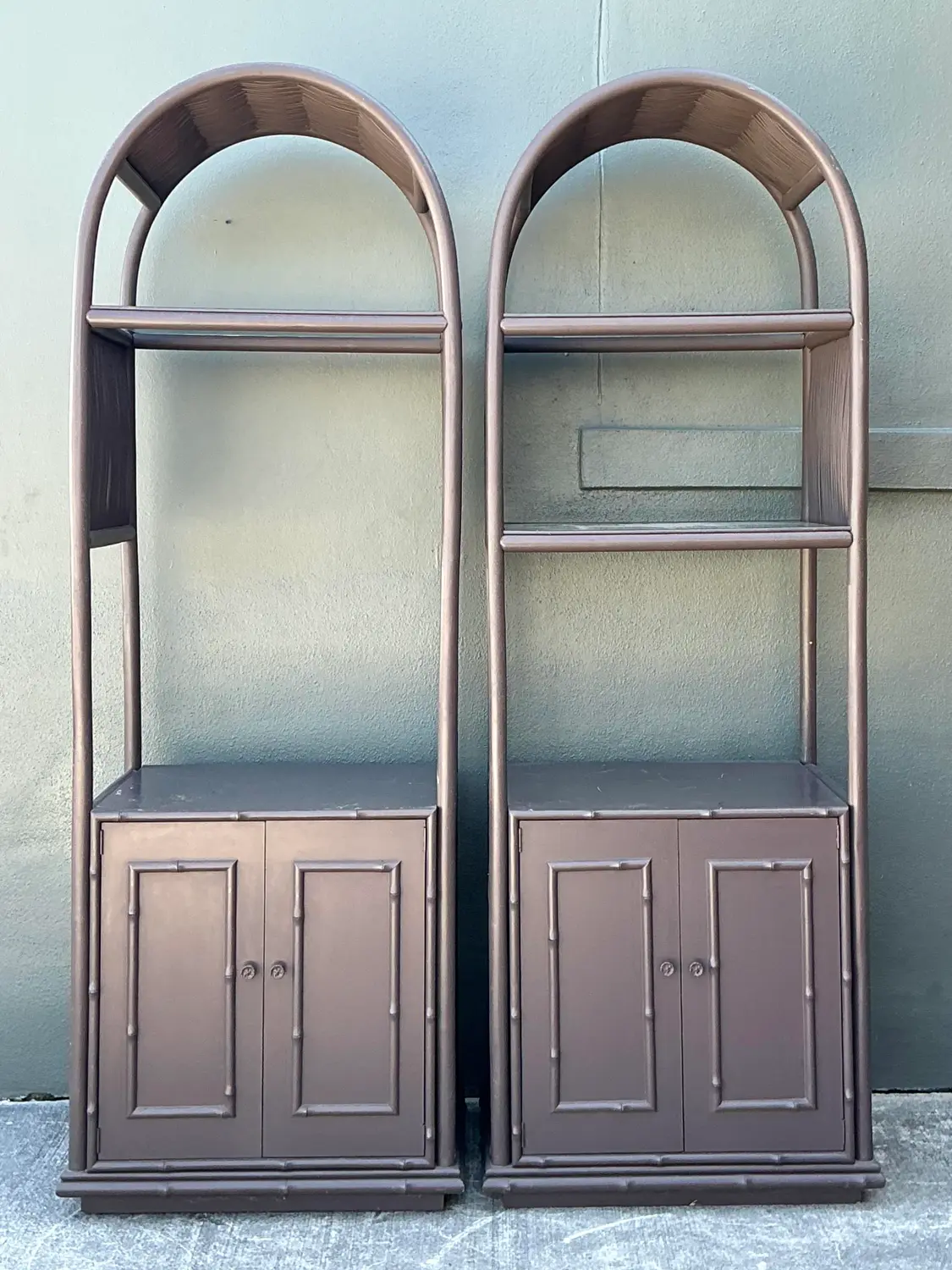 Vintage Arched Rattan Etagere - A Pair - Side view