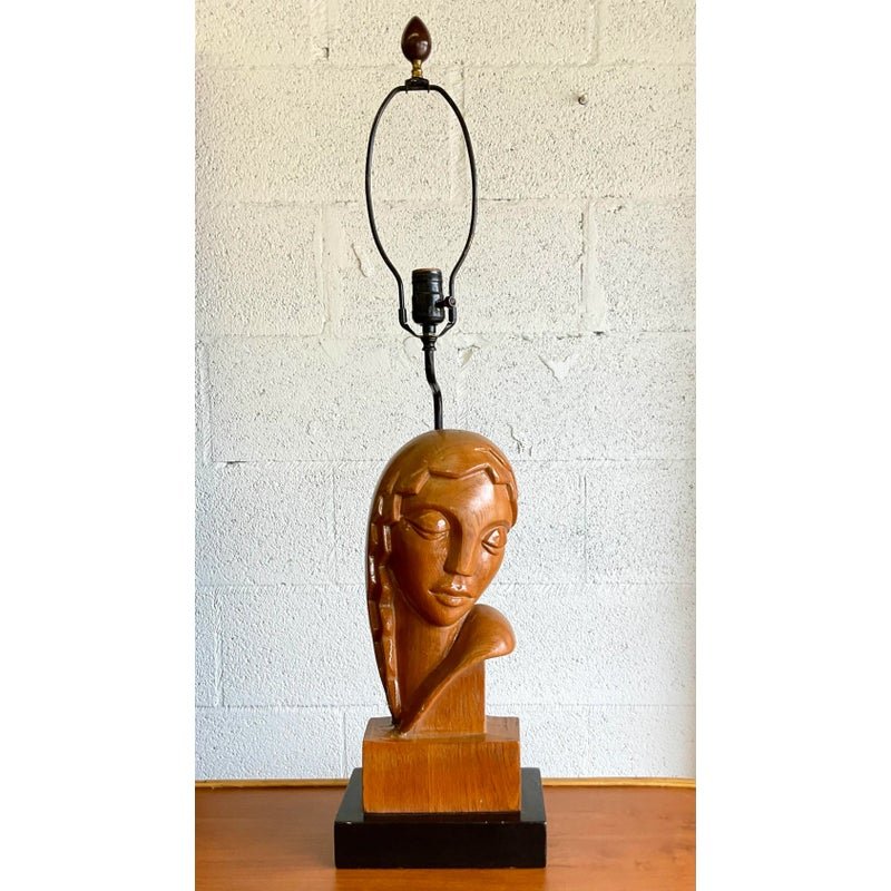 Vintage Art Deco Hand Carved Lady Table Lamp - Side view