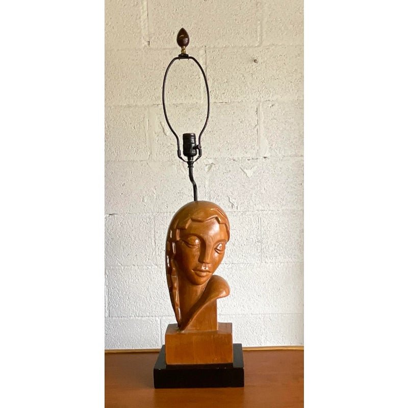 Vintage Art Deco Hand Carved Lady Table Lamp - Top view