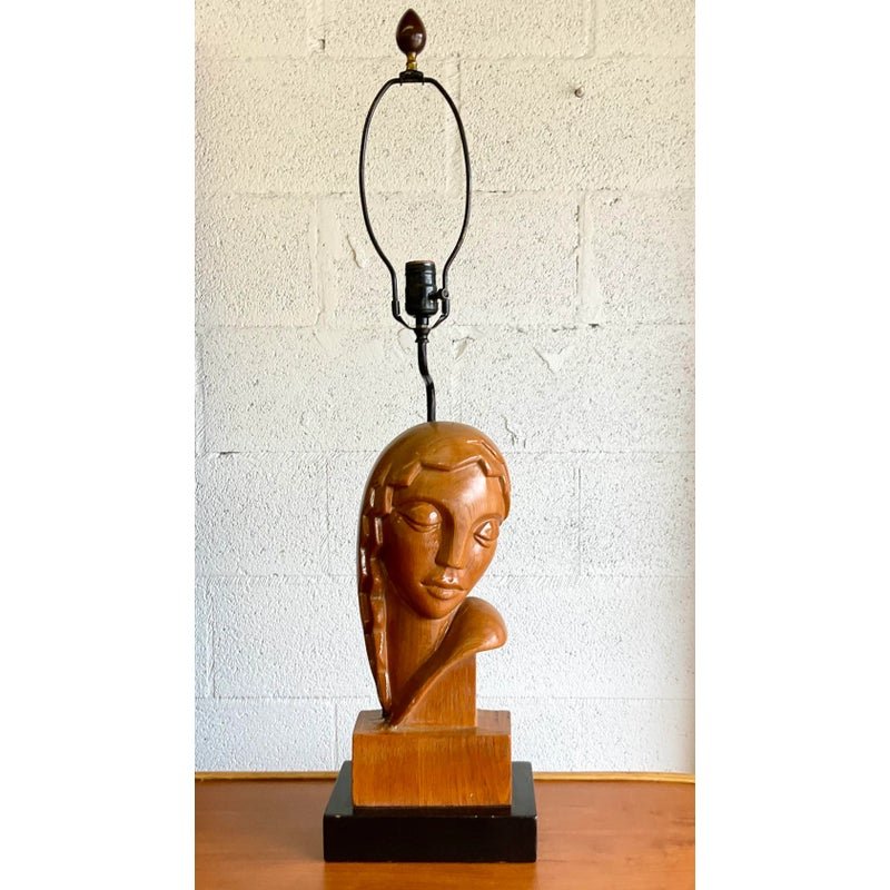 Vintage Art Deco Hand Carved Lady Table Lamp - Detail view