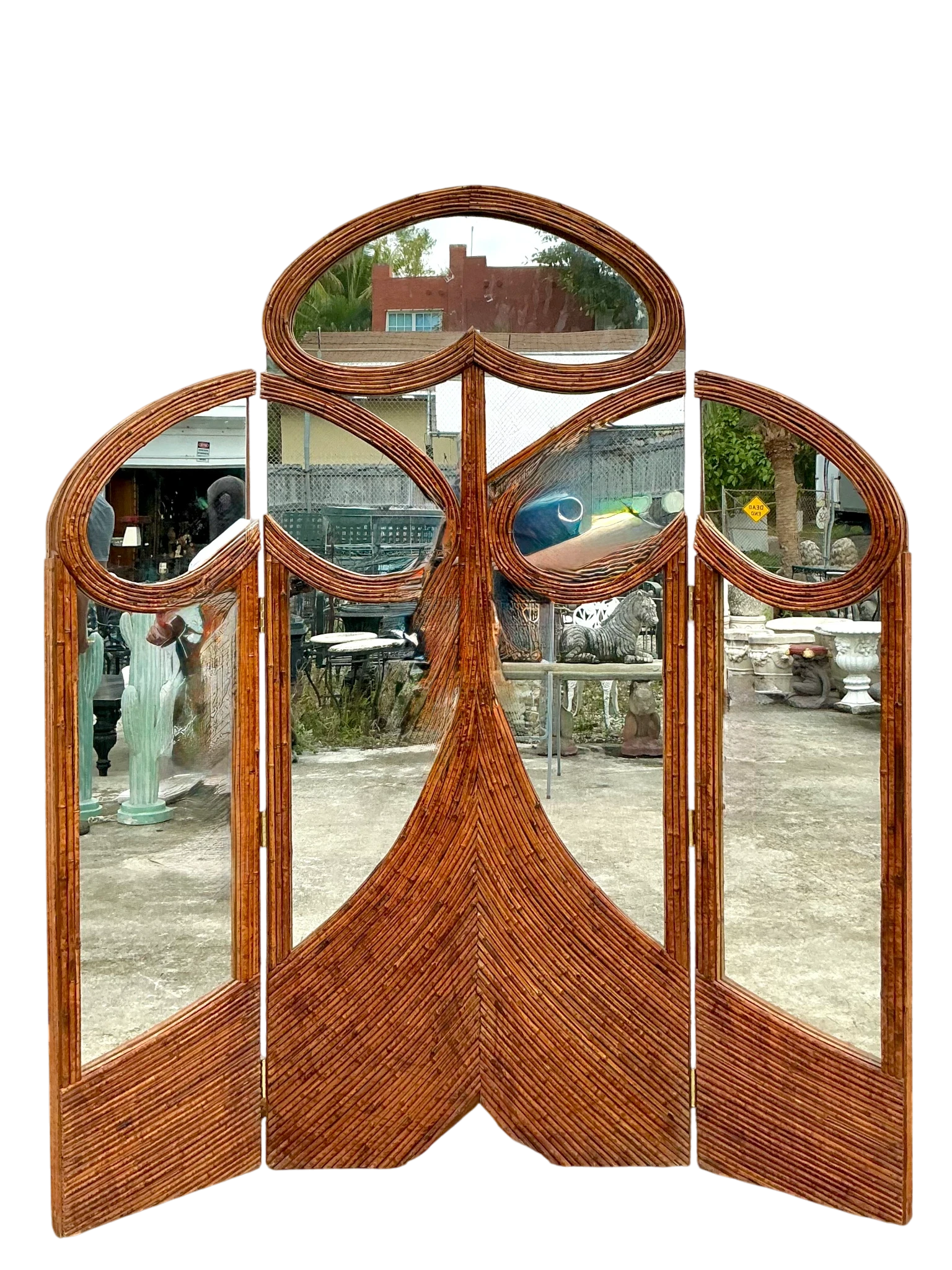 Vintage Art Nouveau Reed Folding Mirrored Screen - Detail view