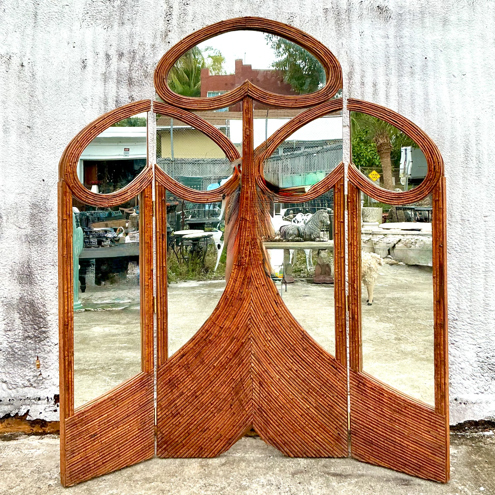 Vintage Art Nouveau Reed Folding Mirrored Screen - Top view