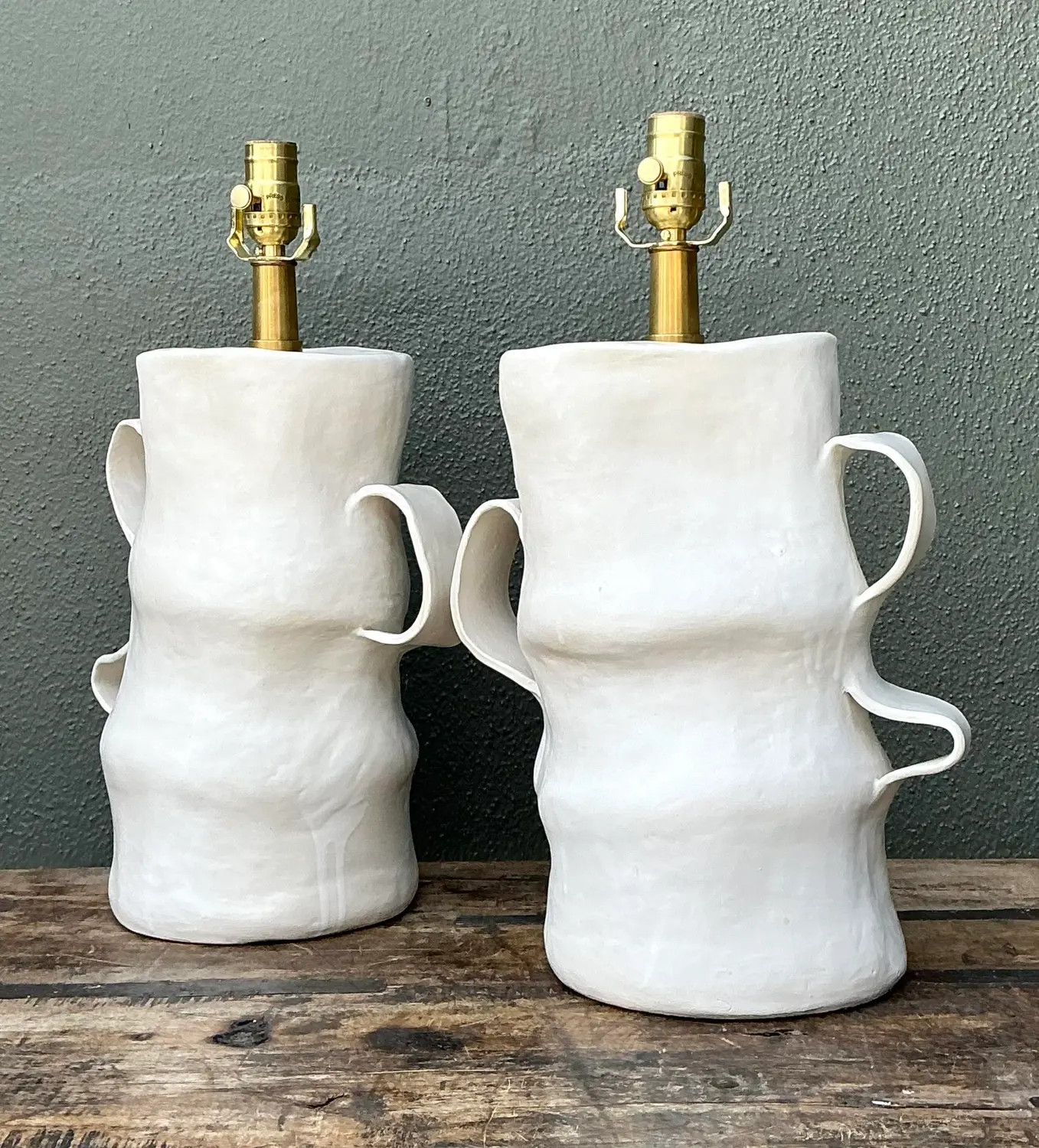 Vintage Artisan Slab Built Pottery Lamps - A Pair - Detail view