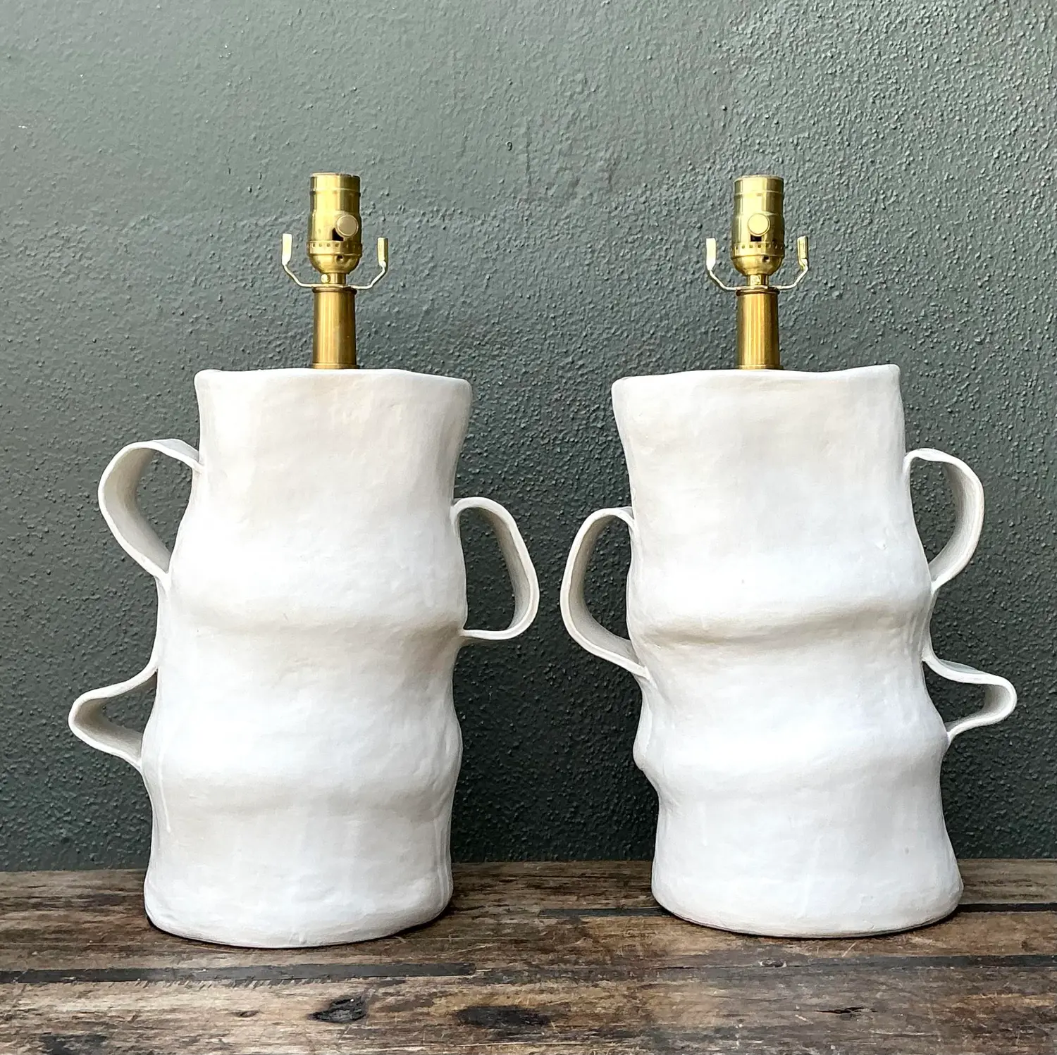 Vintage Artisan Slab Built Pottery Lamps - A Pair - Side view