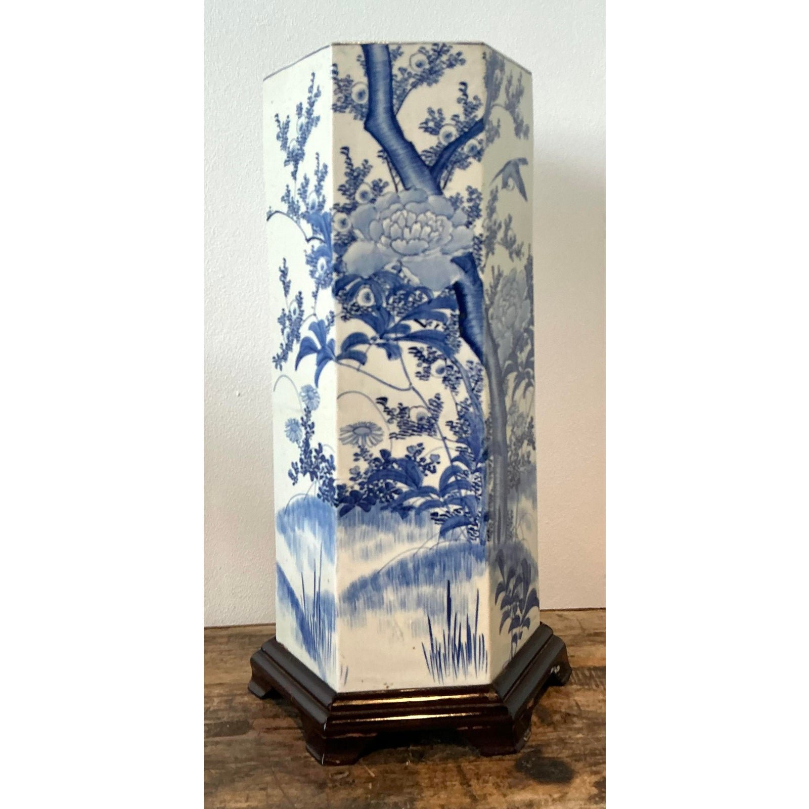 Vintage Asian Blossom Blue and White Umbrella Stand - Back view