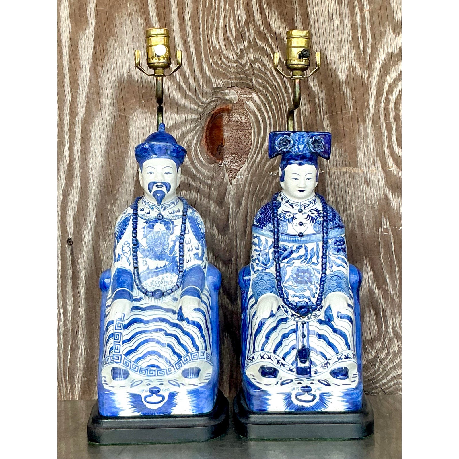Vintage Asian Blue and White Emperor Lamps - A Pair - Side view