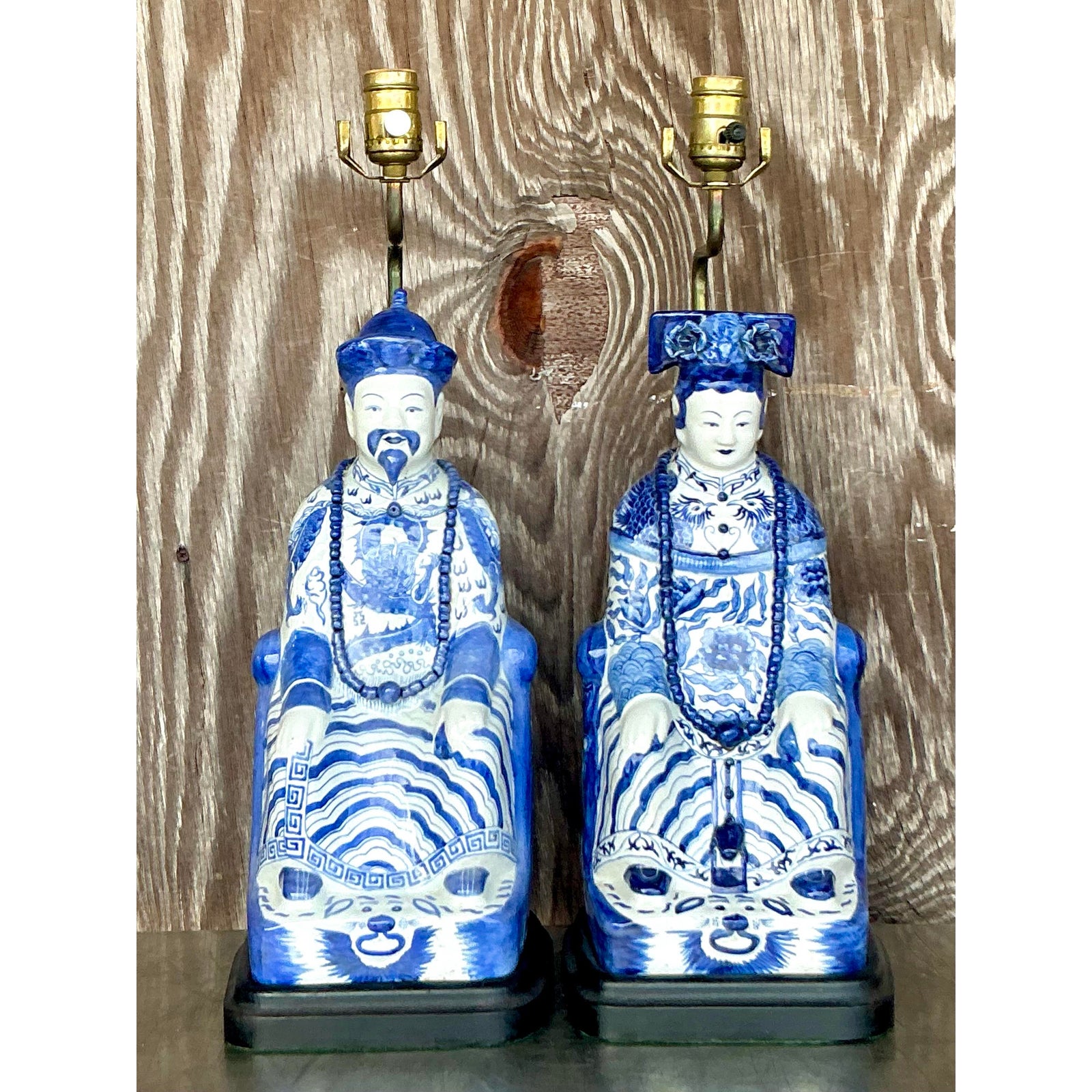 Vintage Asian Blue and White Emperor Lamps - A Pair - Back view