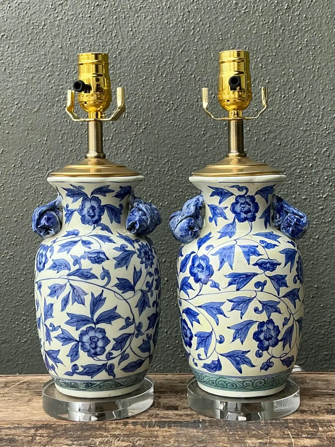 Vintage Asian Blue and White Floral Ceramic Lamps - A Pair - Detail view