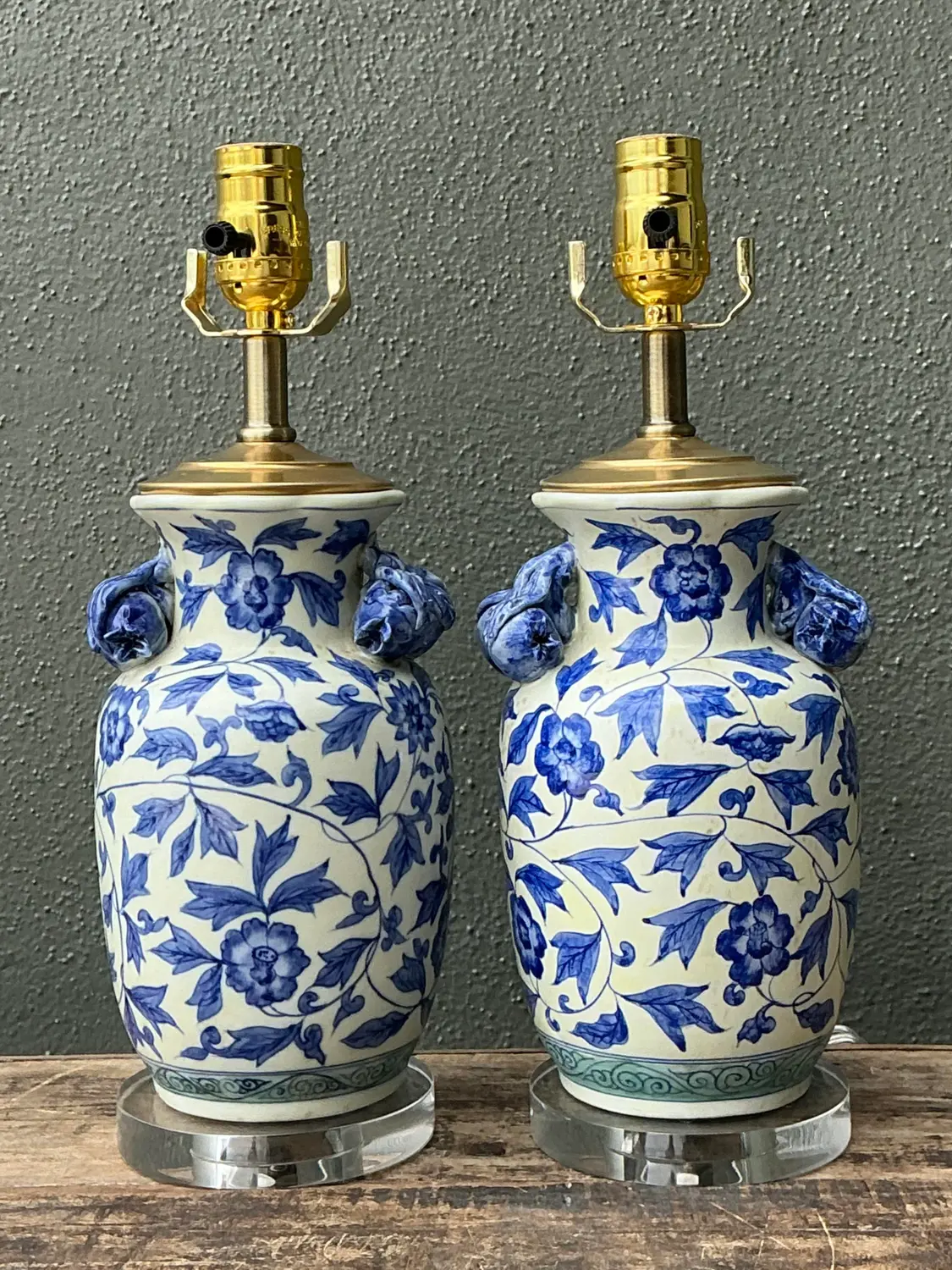 Vintage Asian Blue and White Floral Ceramic Lamps - A Pair - Side view