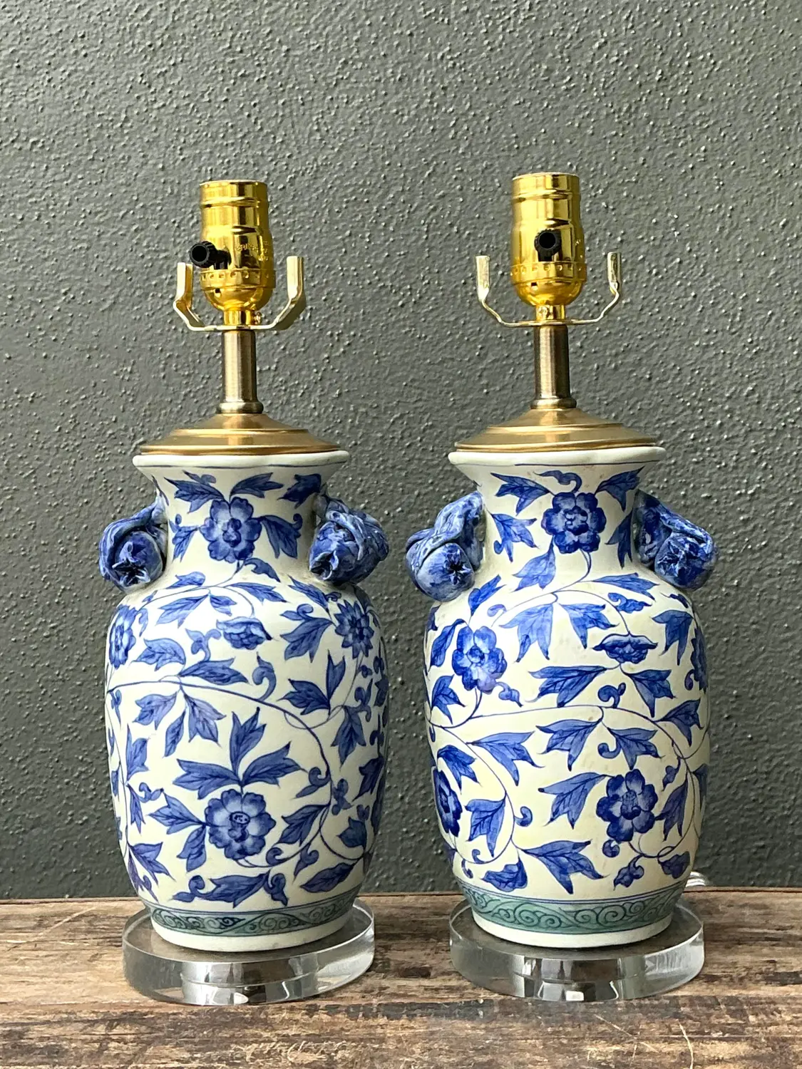Vintage Asian Blue and White Floral Ceramic Lamps - A Pair - Top view