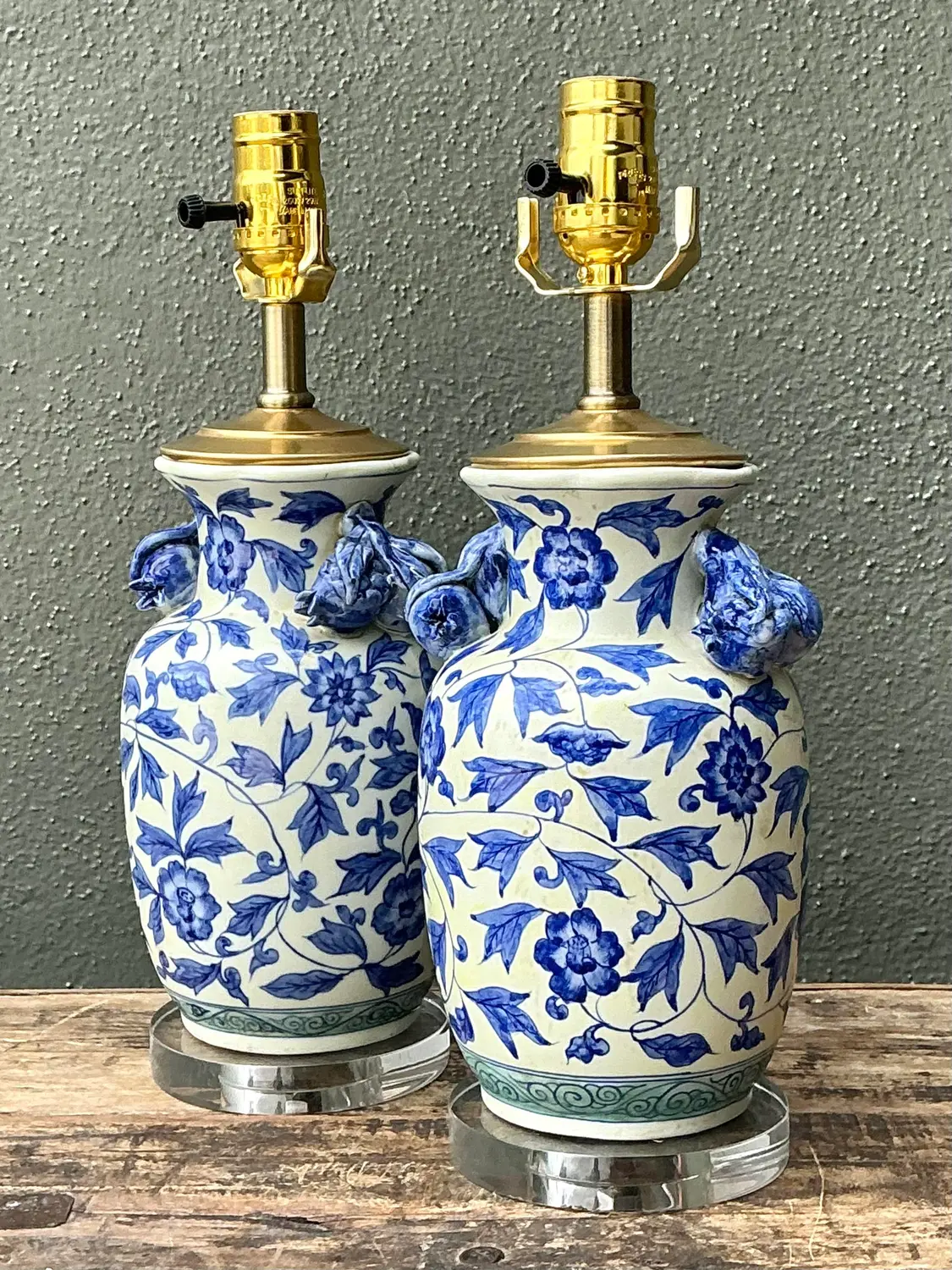 Vintage Asian Blue and White Floral Ceramic Lamps - A Pair - Back view