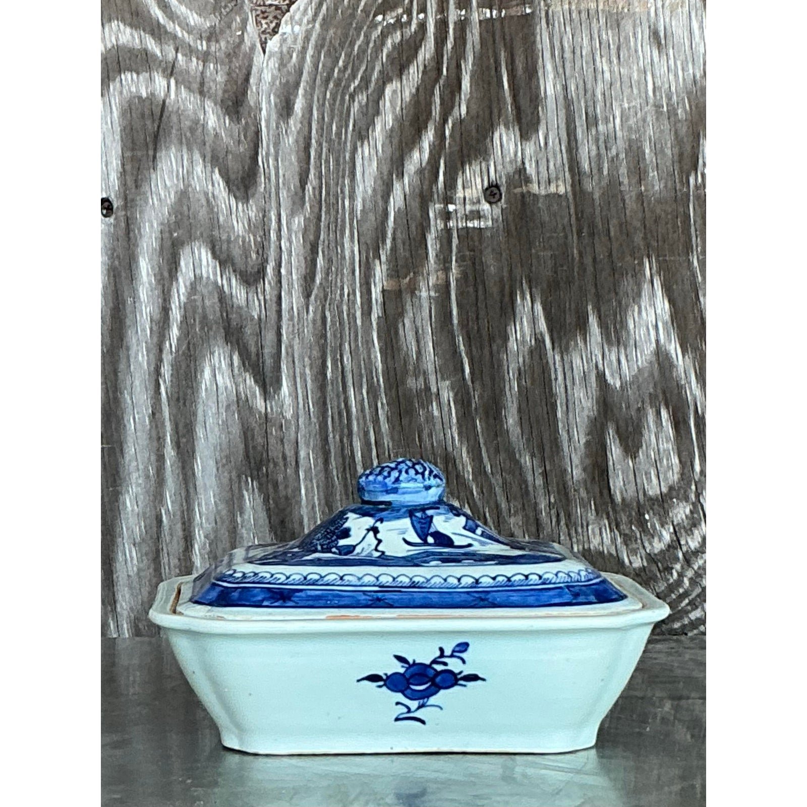 Vintage Asian Blue and White Lidded Serving Dish - Back view