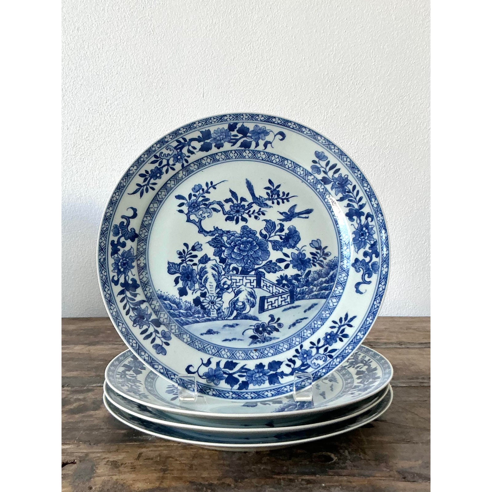 Vintage Asian Blue Flow Glazed Ceramic Plates - Set of 4 - Side view
