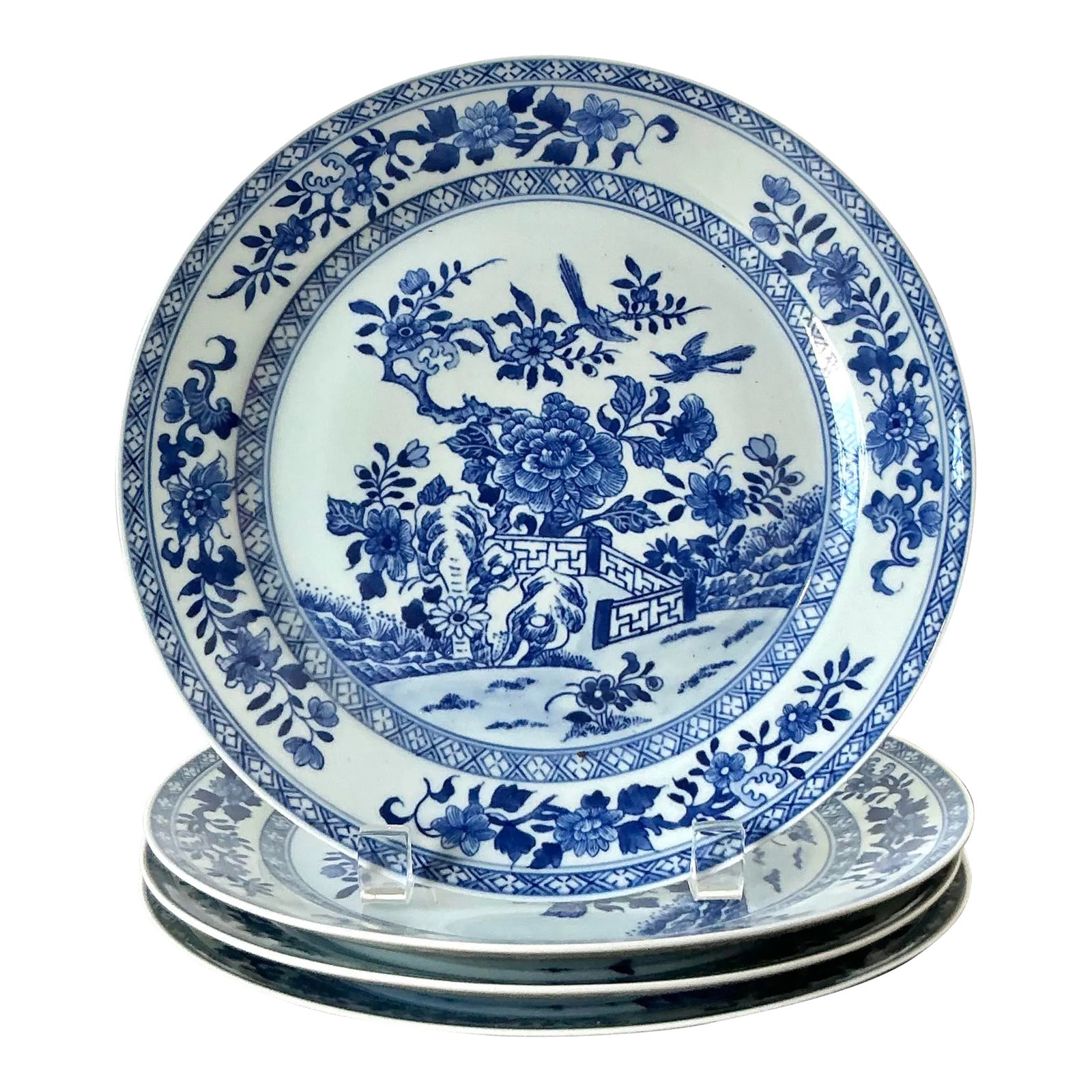Vintage Asian Blue Flow Glazed Ceramic Plates - Set of 4
