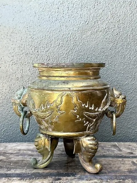 Vintage Asian Brass Dragon Cache Pot - Side view