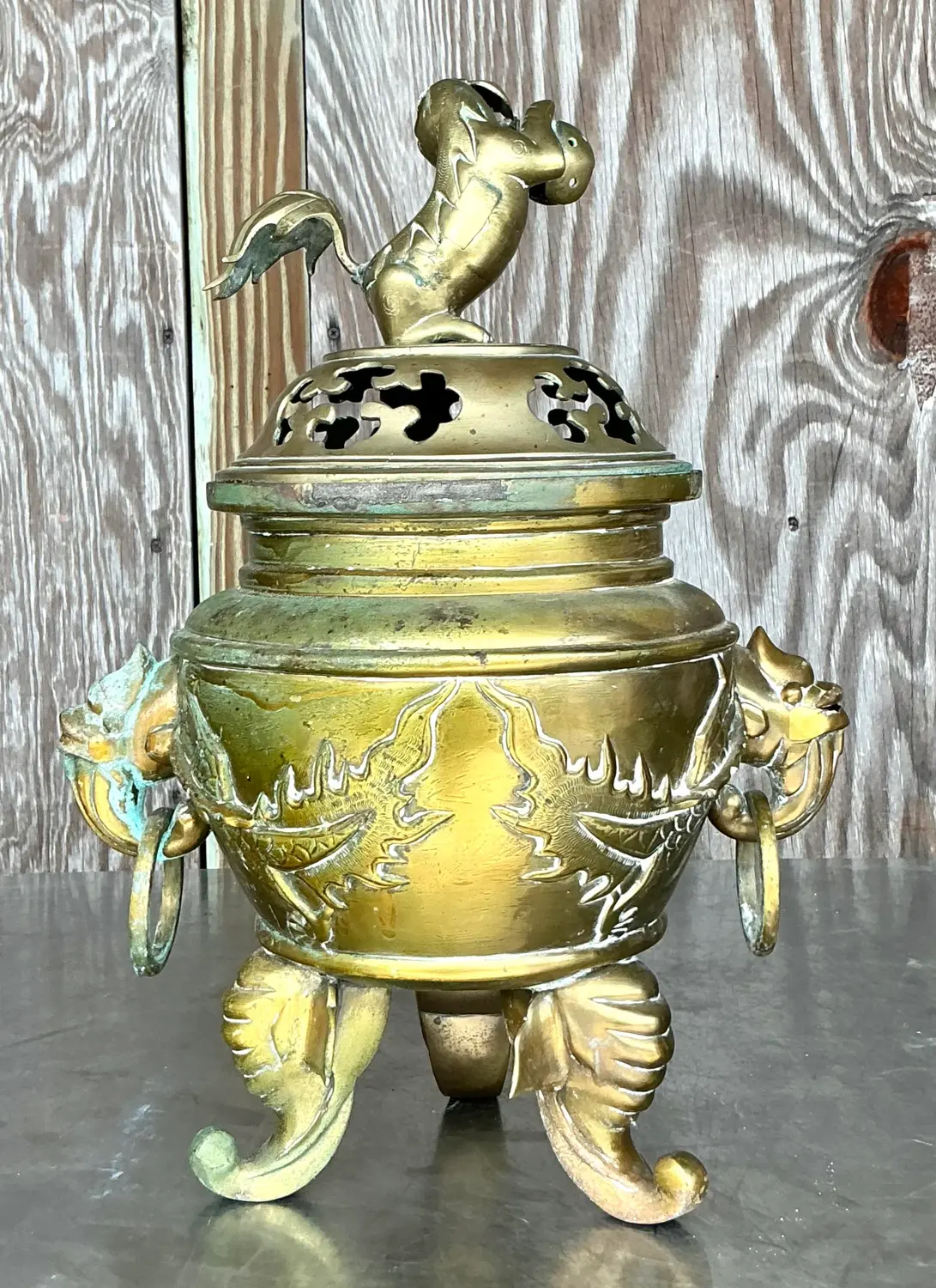 Vintage Asian Brass Dragon Incense Burner - Top view