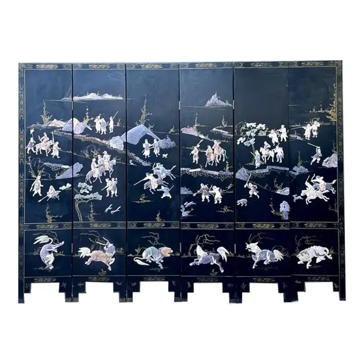 Vintage Asian Carved Soapstone Figurative 6 Panel Screen
