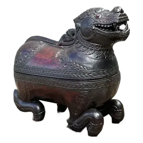 Vintage Asian Carved Wood Lion Box