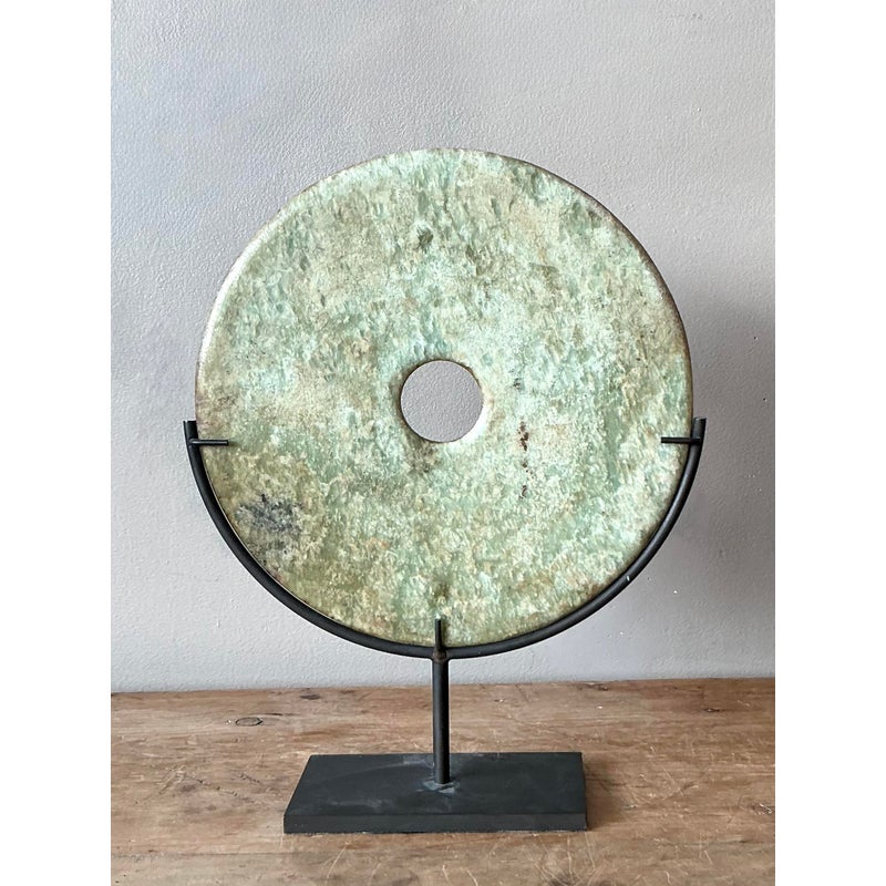 Vintage Asian Celadon Hued Stone Disk - Side view