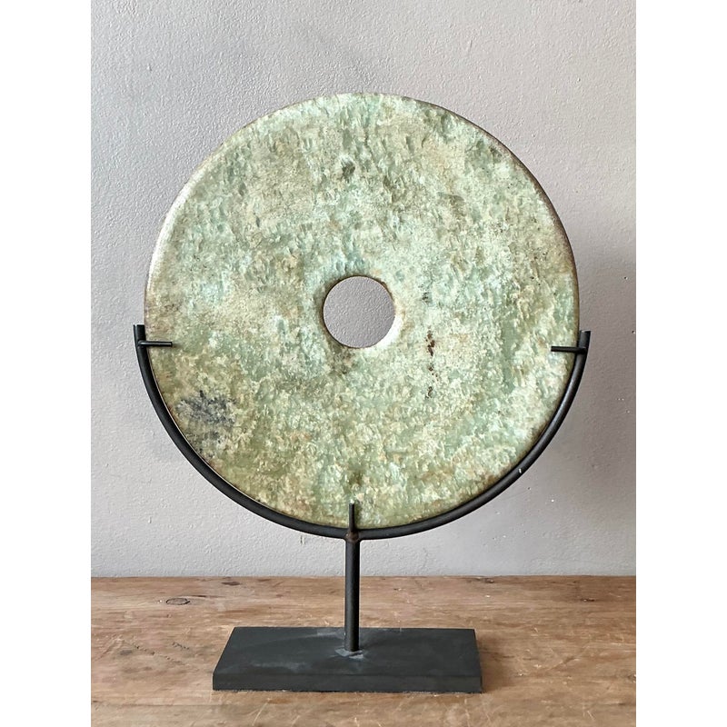Vintage Asian Celadon Hued Stone Disk - Back view