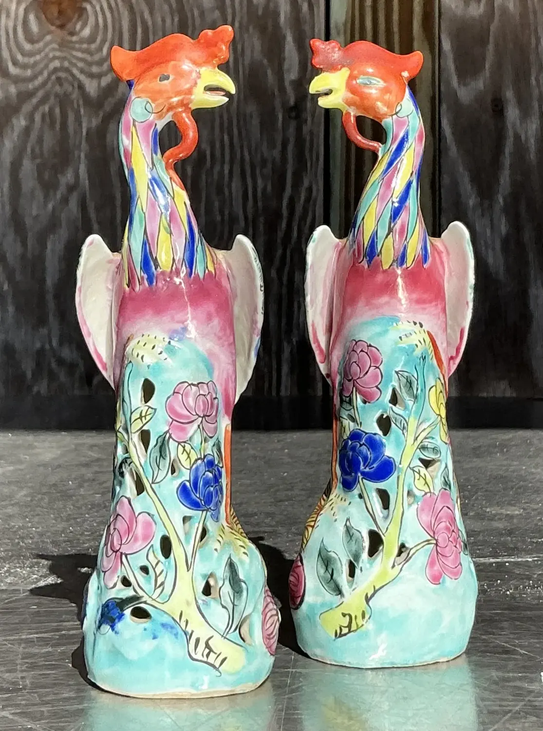 Vintage Asian Chinese Porcelain Phoenix Figures - a Pair - Back view