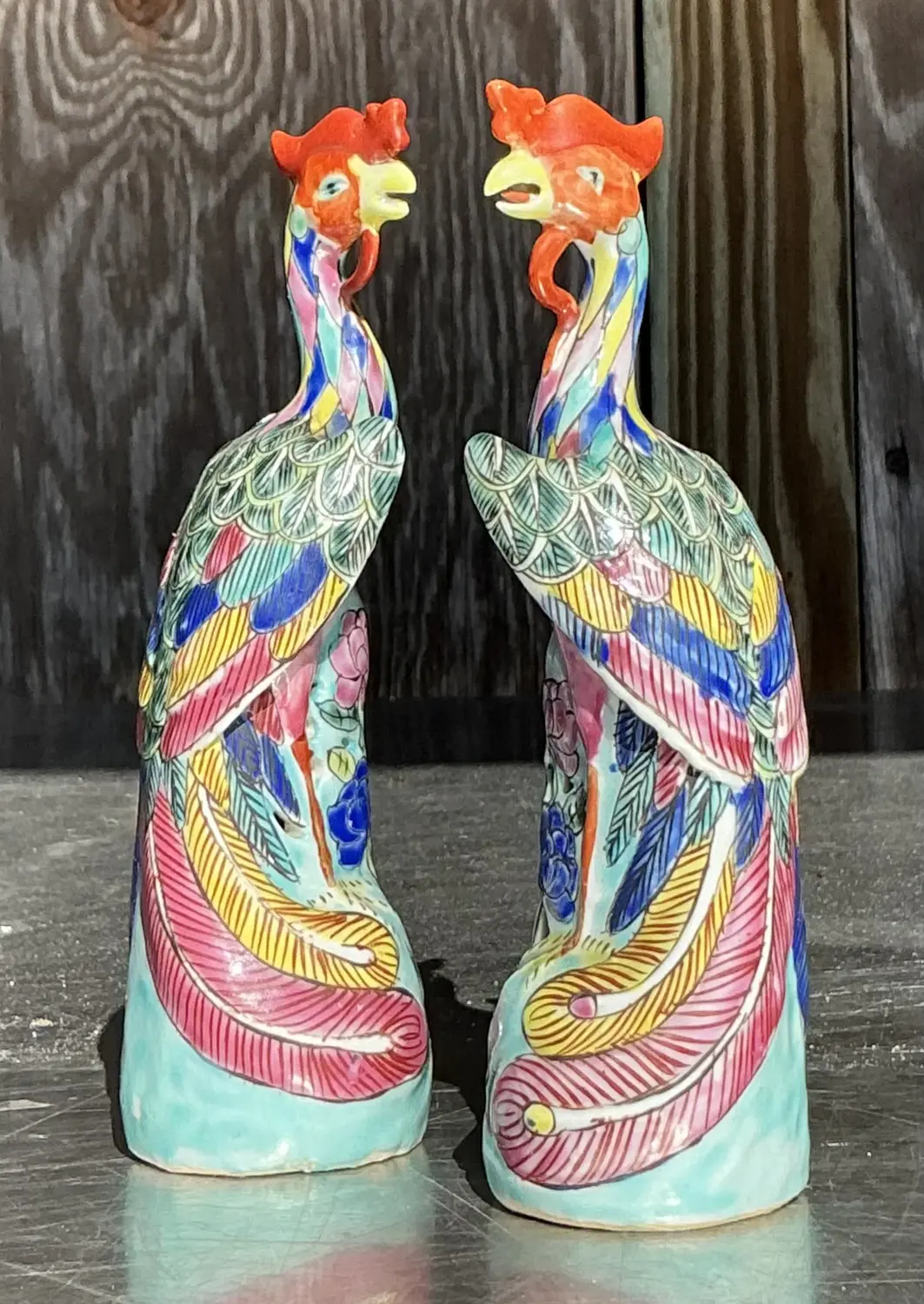 Vintage Asian Chinese Porcelain Phoenix Figures - a Pair - Top view
