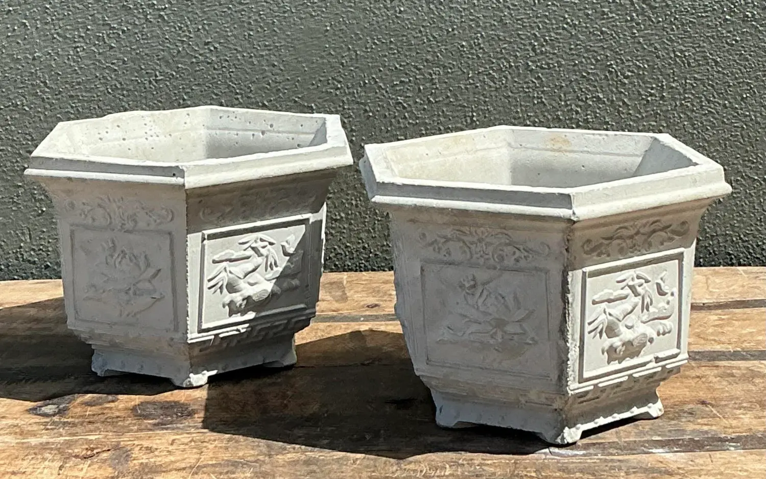 Vintage Asian Chinoiserie Cast Concrete Planters - A Pair