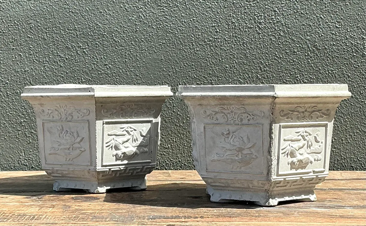Vintage Asian Chinoiserie Cast Concrete Planters - A Pair - Detail view