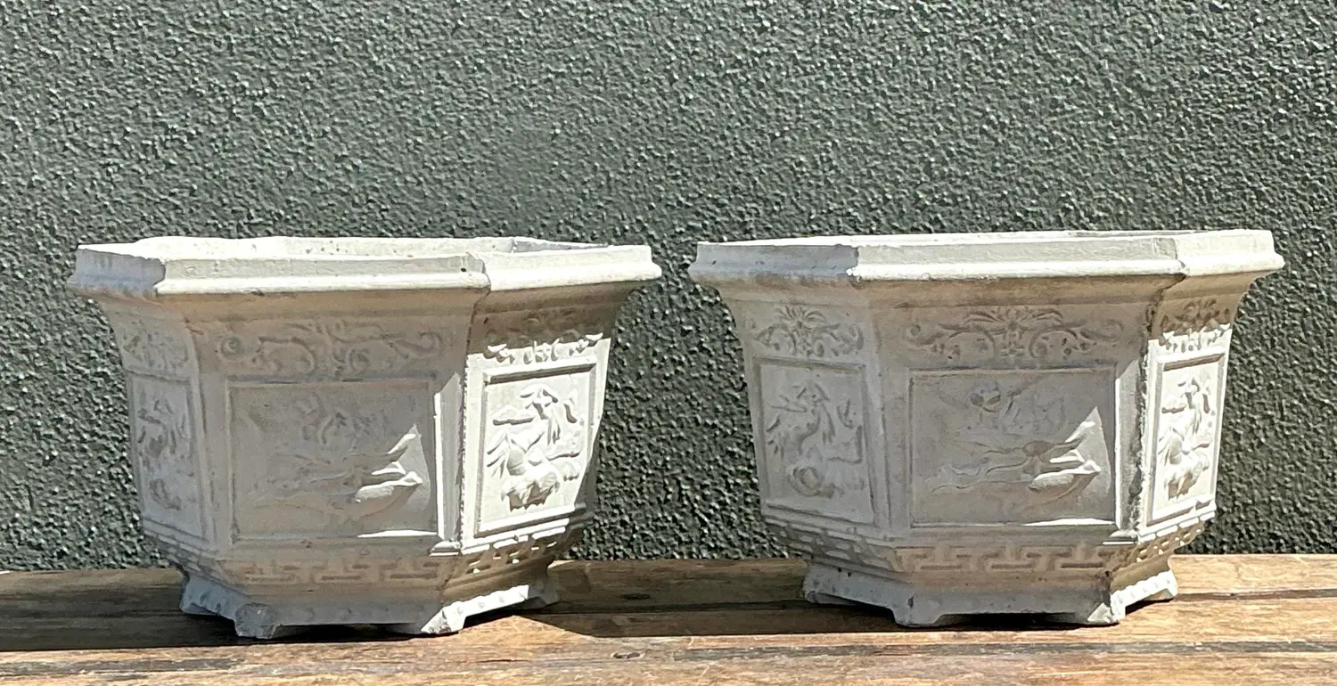 Vintage Asian Chinoiserie Cast Concrete Planters - A Pair - Top view