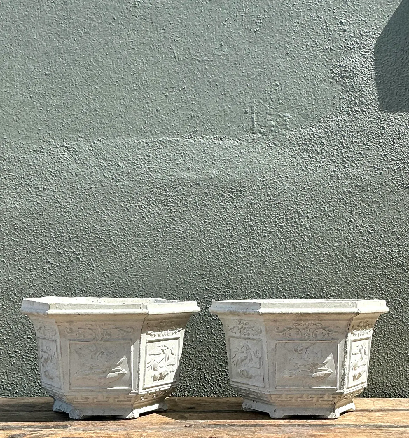 Vintage Asian Chinoiserie Cast Concrete Planters - A Pair - Back view