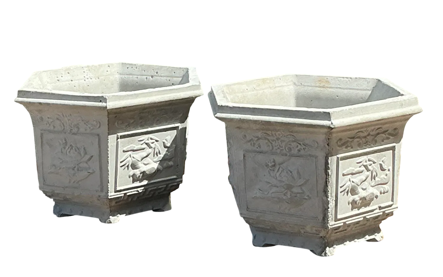 Vintage Asian Chinoiserie Cast Concrete Planters - A Pair