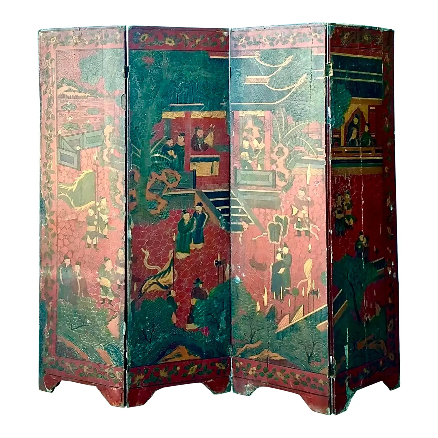 Vintage Asian Chinoiserie Four Panel Screen