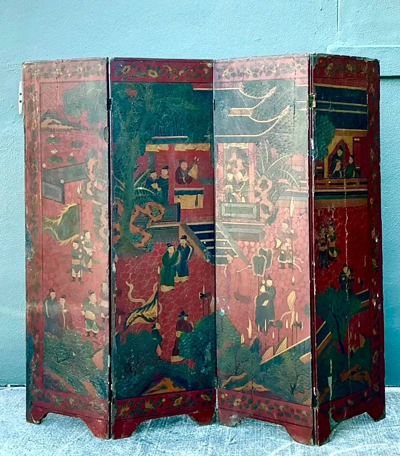 Vintage Asian Chinoiserie Four Panel Screen - Back view