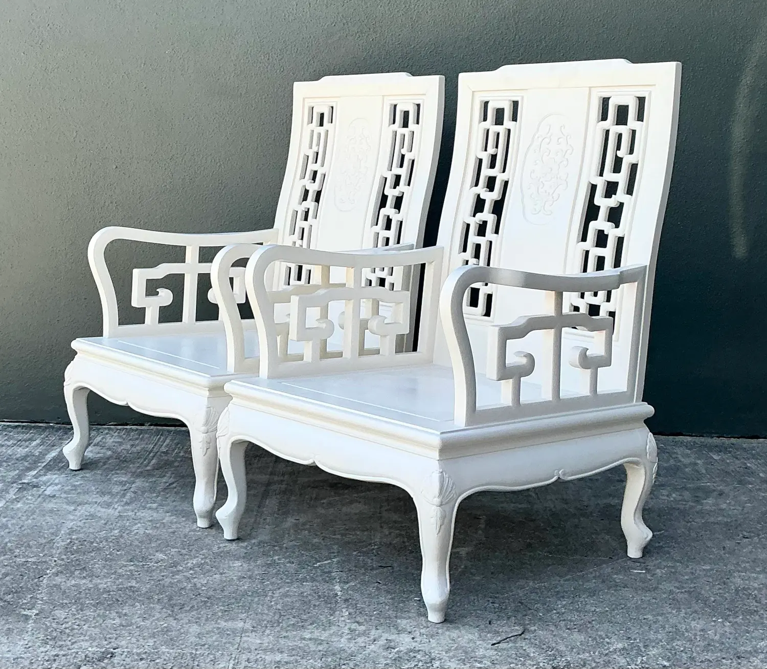 Vintage Asian Chinoiserie Lacquered Lounge Chairs - A Pair - Back view