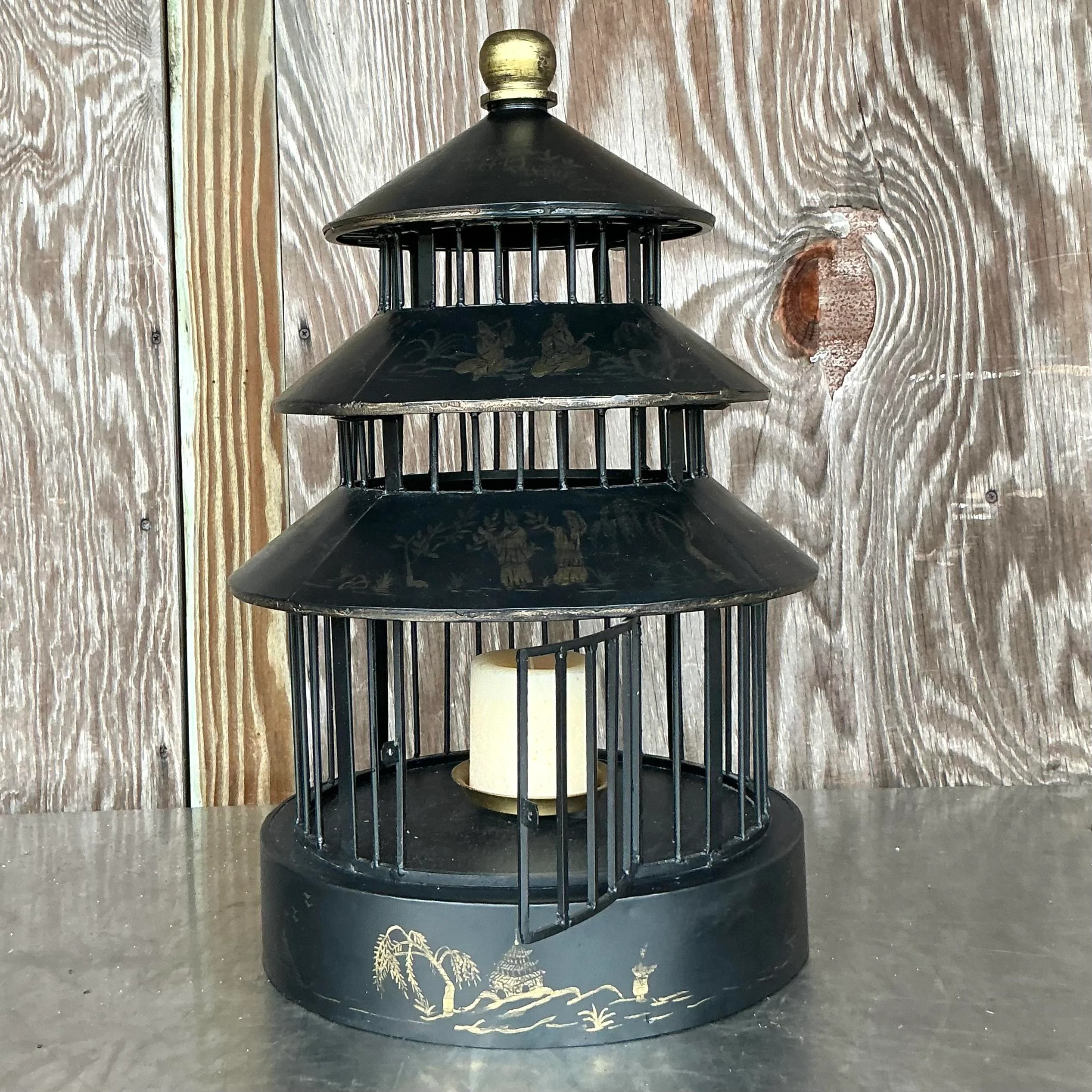Vintage Asian Chinoiserie Pagoda Bird Cage Lantern - Side view