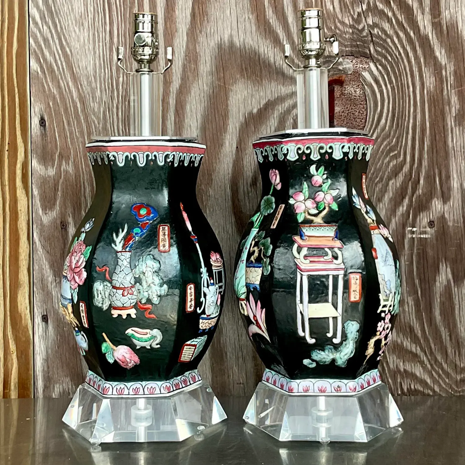 Vintage Asian Chinoiserie Relief Glazed Ceramic Lamps - a Pair - Top view