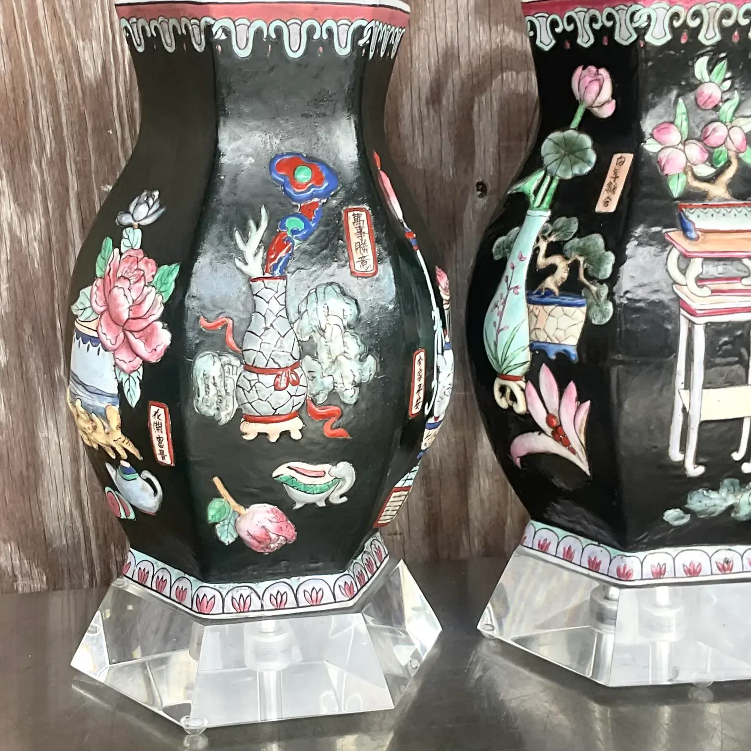 Vintage Asian Chinoiserie Relief Glazed Ceramic Lamps - a Pair - Detail view