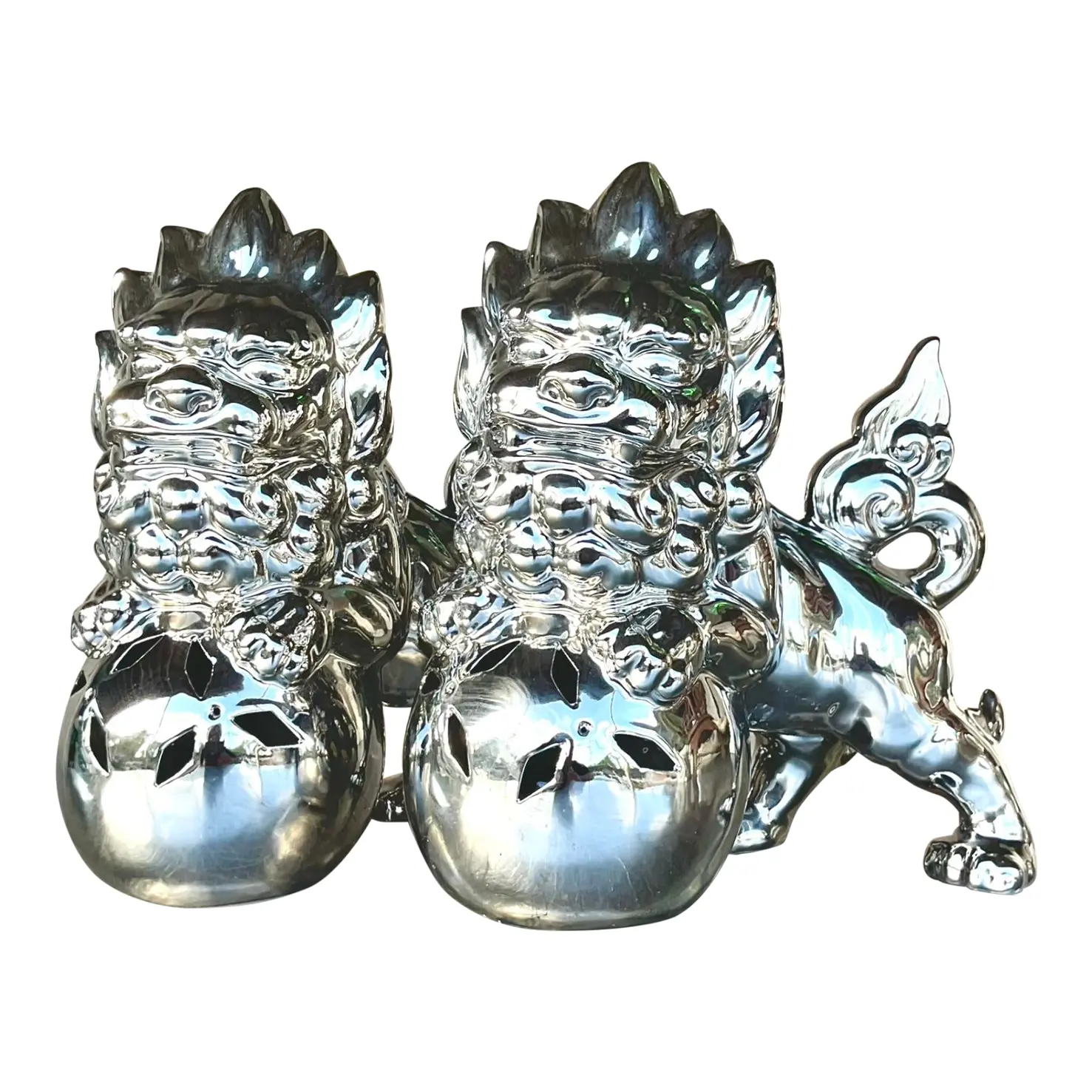 Vintage Asian Chromed Glazed Ceramic Foo Dogs - a Pair