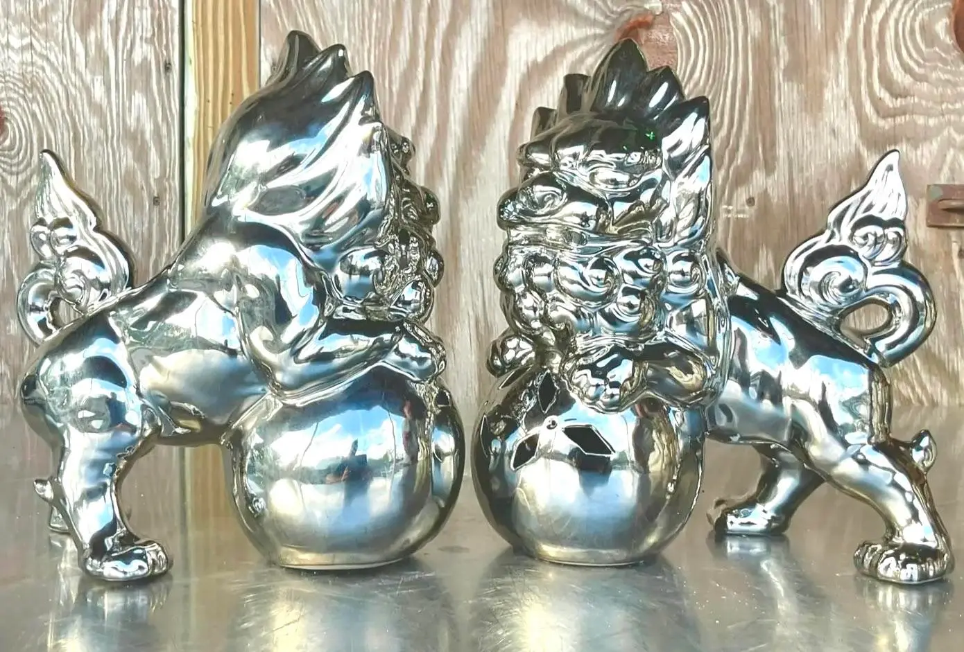Vintage Asian Chromed Glazed Ceramic Foo Dogs - a Pair - Top view