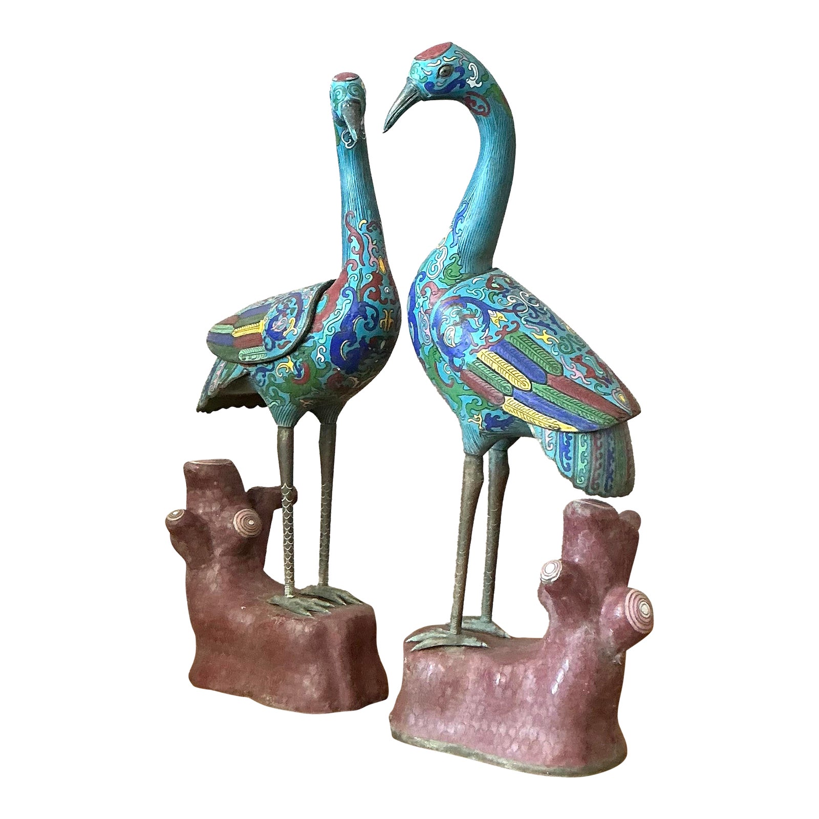 Vintage Asian Cloisonné Enameled Cranes - Set of 2 - Detail view