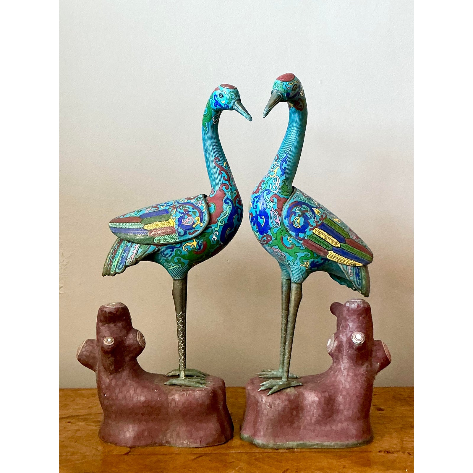 Vintage Asian Cloisonné Enameled Cranes - Set of 2 - Top view