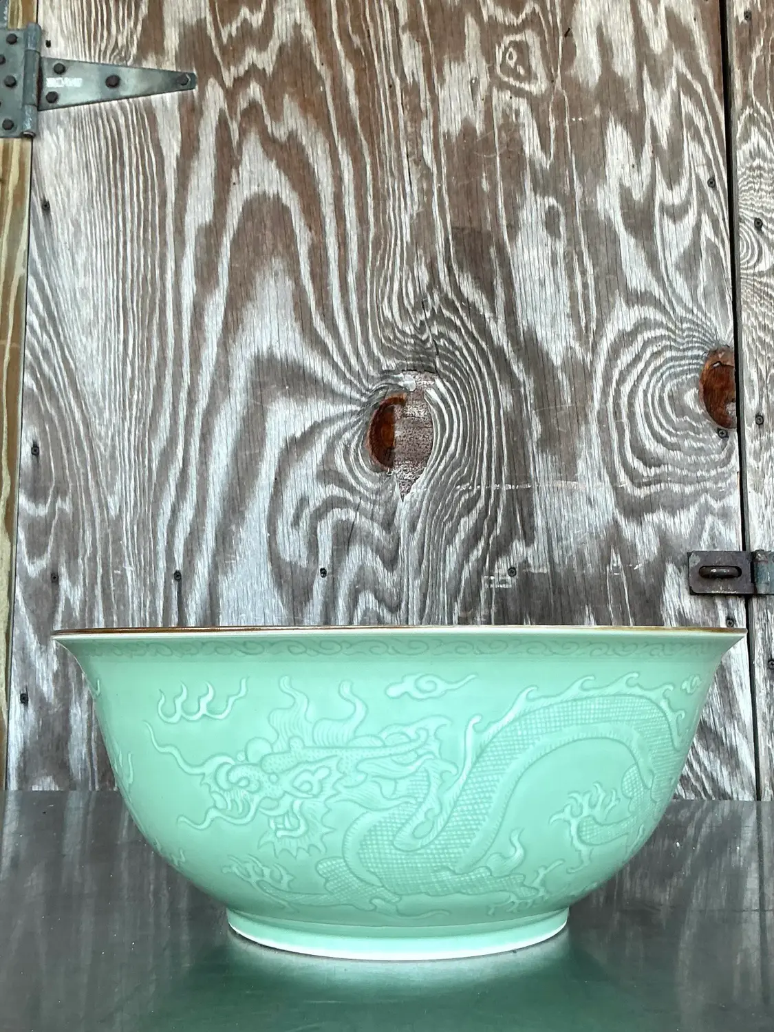 Vintage Asian Dragon Relief Celadon Bowl - Top view