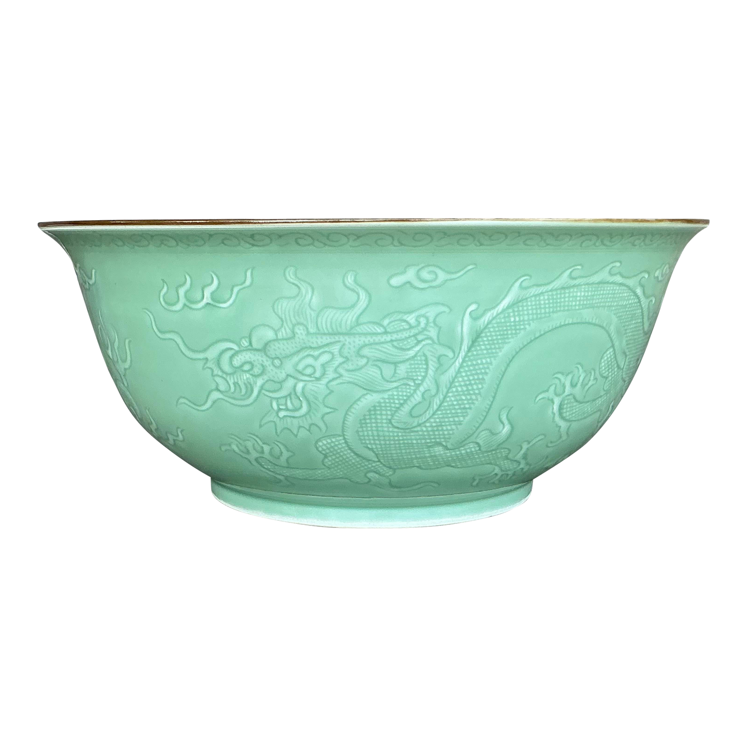 Vintage Asian Dragon Relief Celadon Bowl - Detail view