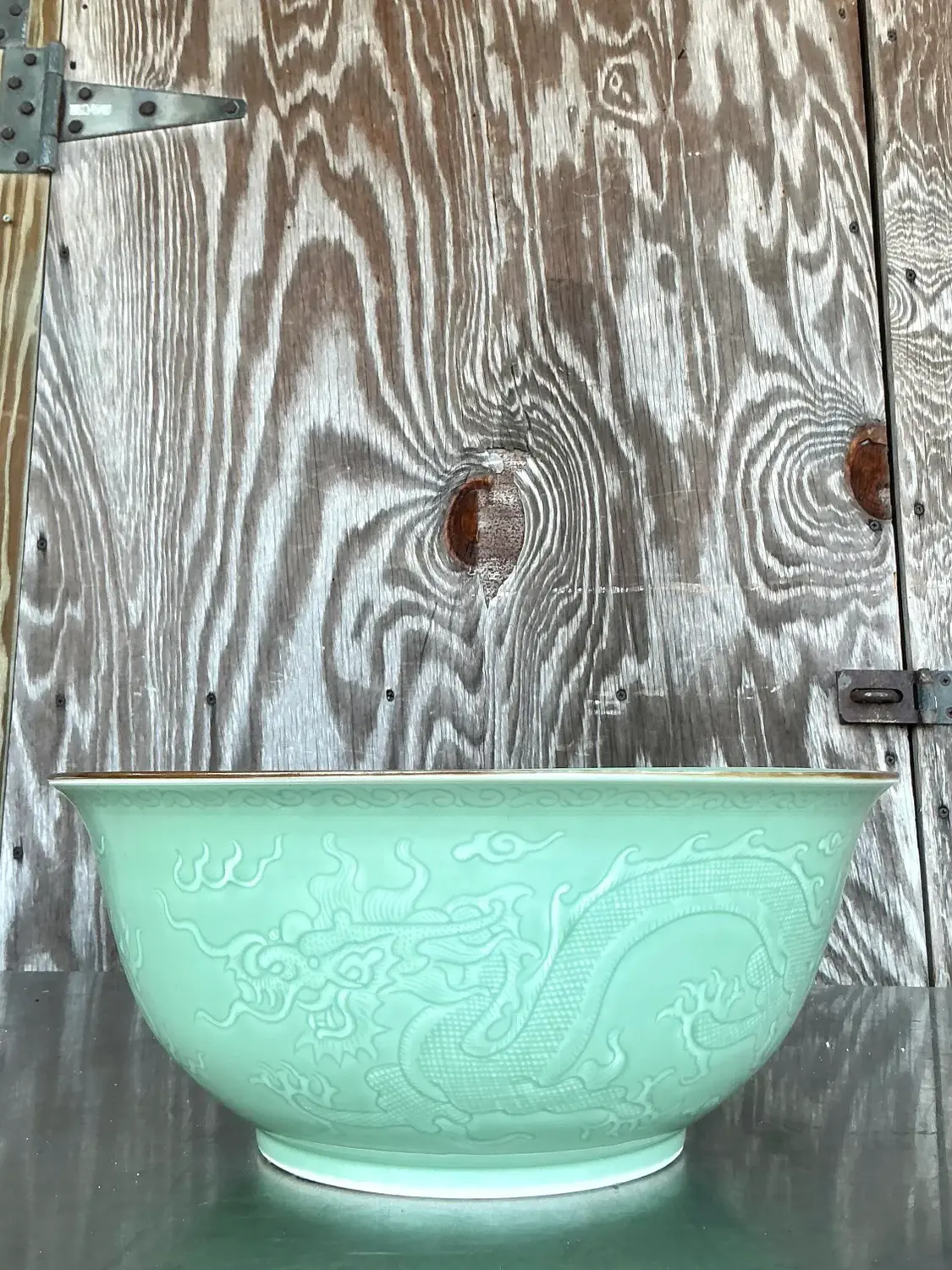 Vintage Asian Dragon Relief Celadon Bowl - Back view