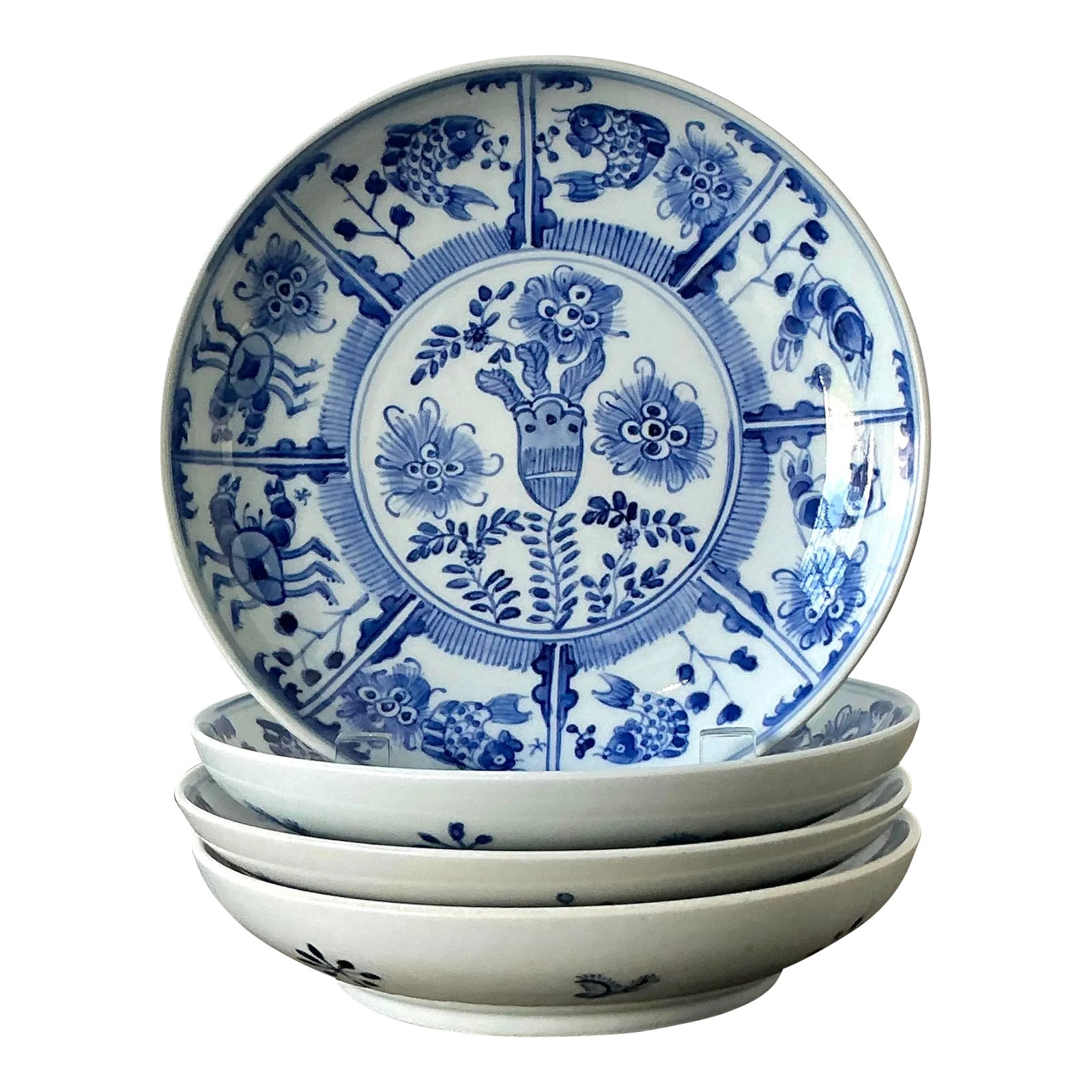 Vintage Asian Floral Glazed Ceramic Plates - Set of 4