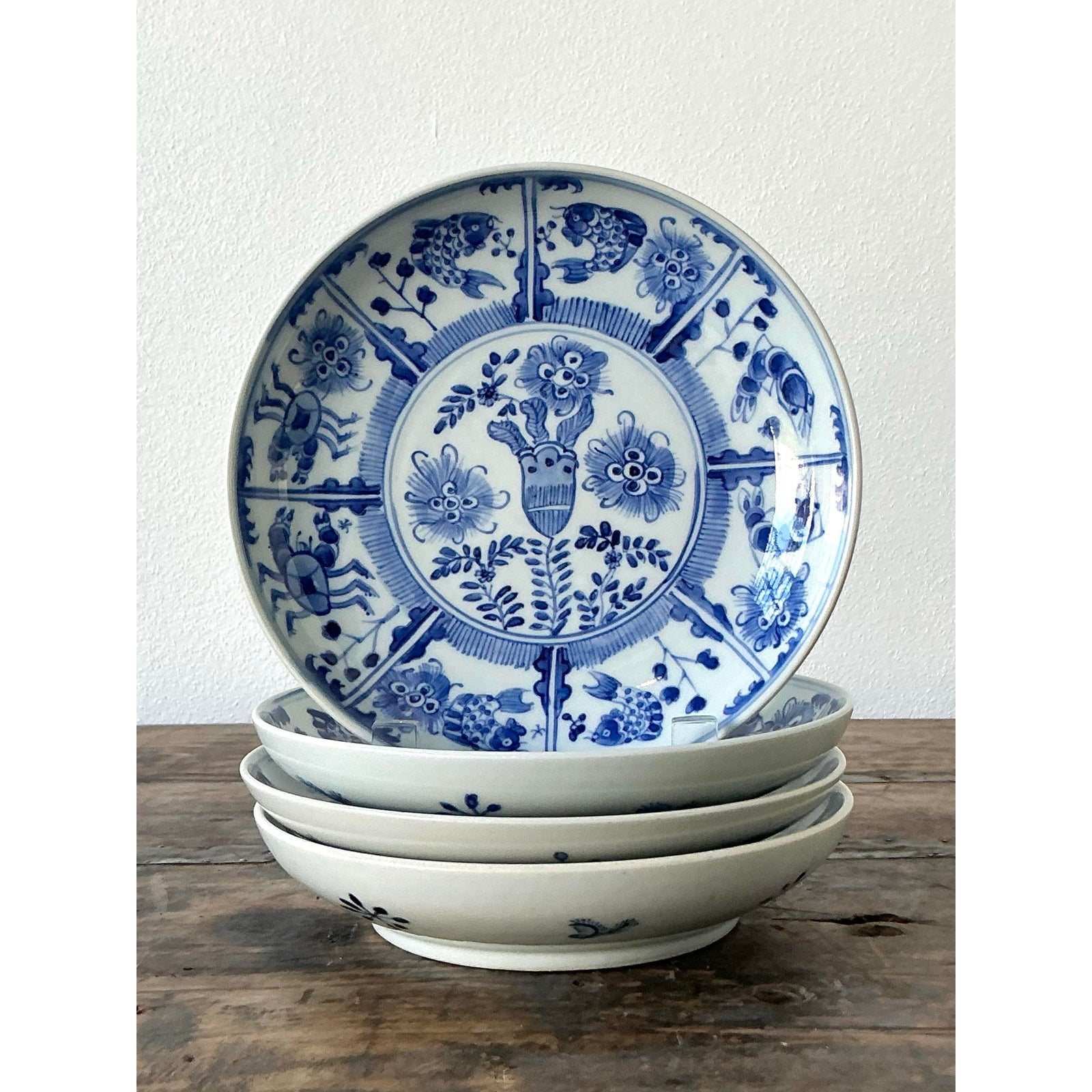 Vintage Asian Floral Glazed Ceramic Plates - Set of 4 - Top view